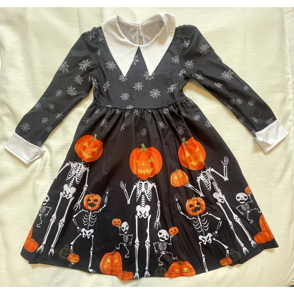 ALLIFly Girls Long Sleeve Peter Pan Collar Skeleton Halloween Dress Sz 10 New